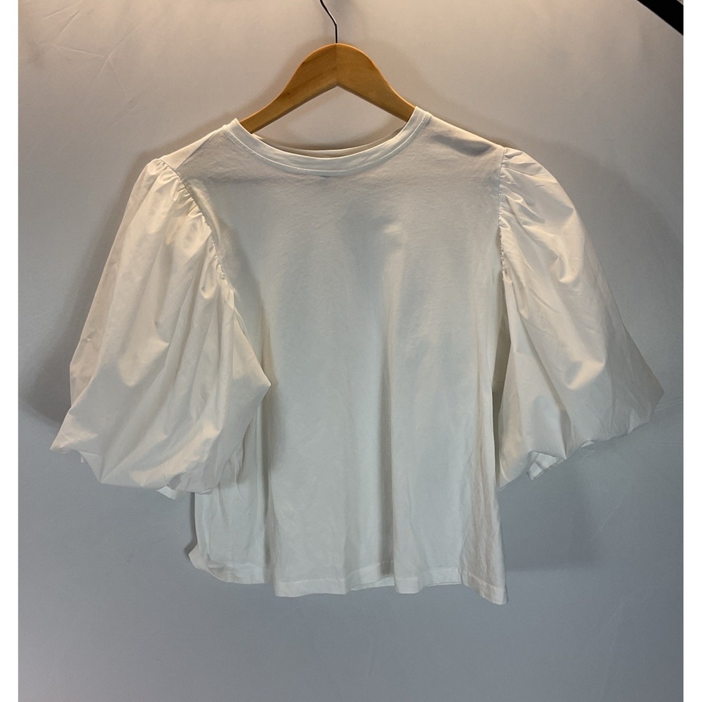 En Saison White Puff Sleeve‎ Blouse Jersey Poplin Coastal Feminine Size L